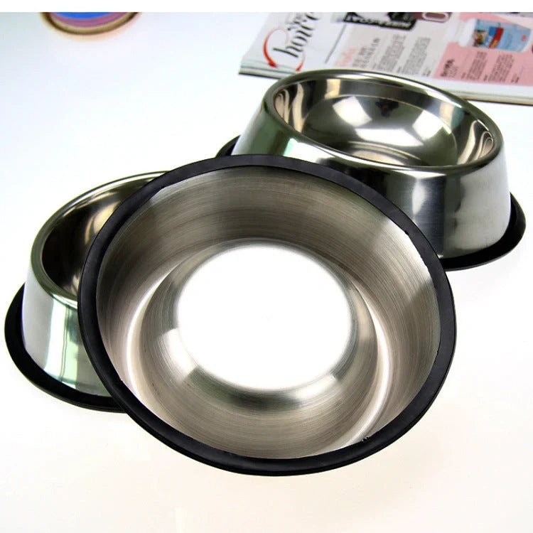 Stainless steel pet bowls with non-slip base, available in multiple sizes for all pets