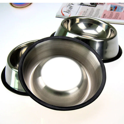 Stainless steel pet bowls with non-slip base, available in multiple sizes for all pets