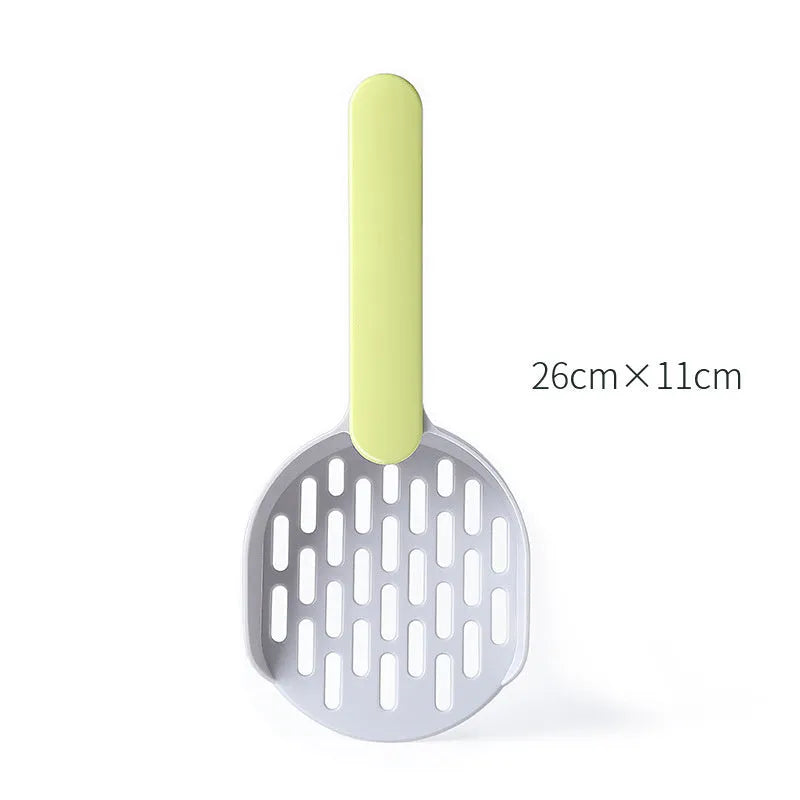 Blue plastic cat litter shovel scoop with drainage holes for cleaning a litter box.
