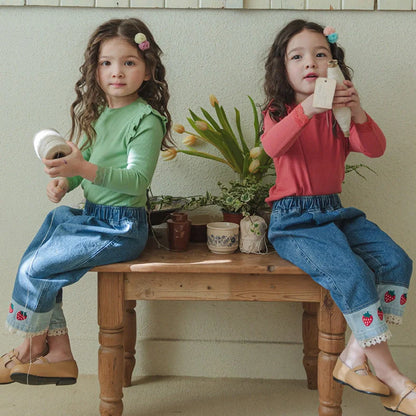 Children's jeans with strawberry embroidery and lace patchwork on denim, mid waist with hairband belt
