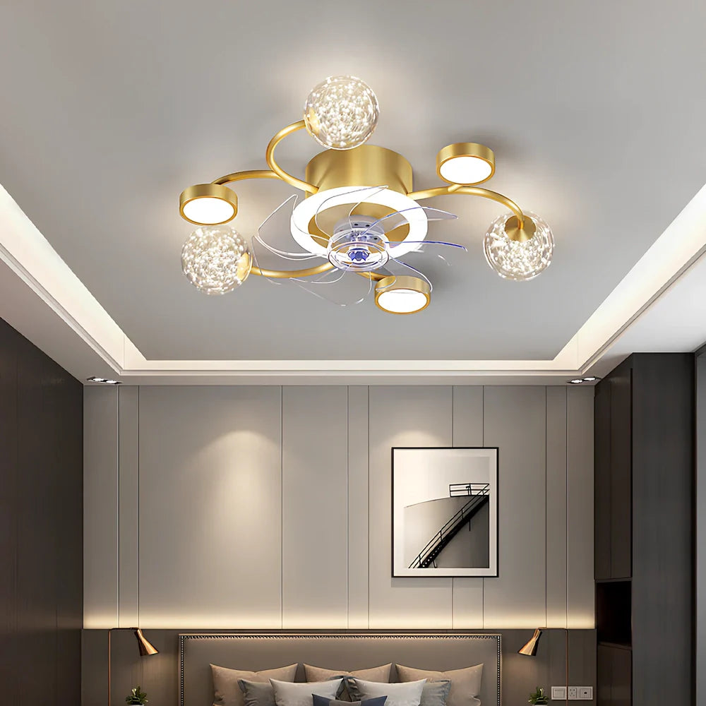 Modern smart ceiling fan lamp with round LED light and remote control in black or gold finish