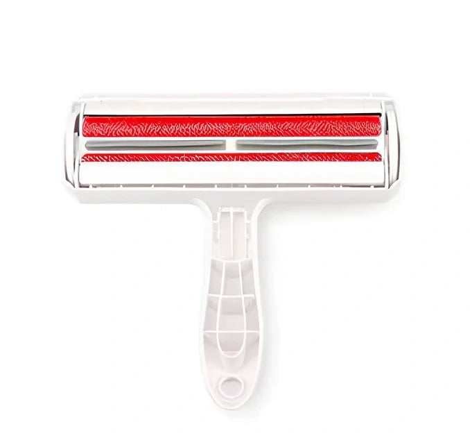 Blue pet hair removal comb with ABS plastic body and roller bristles for furniture cleaning
