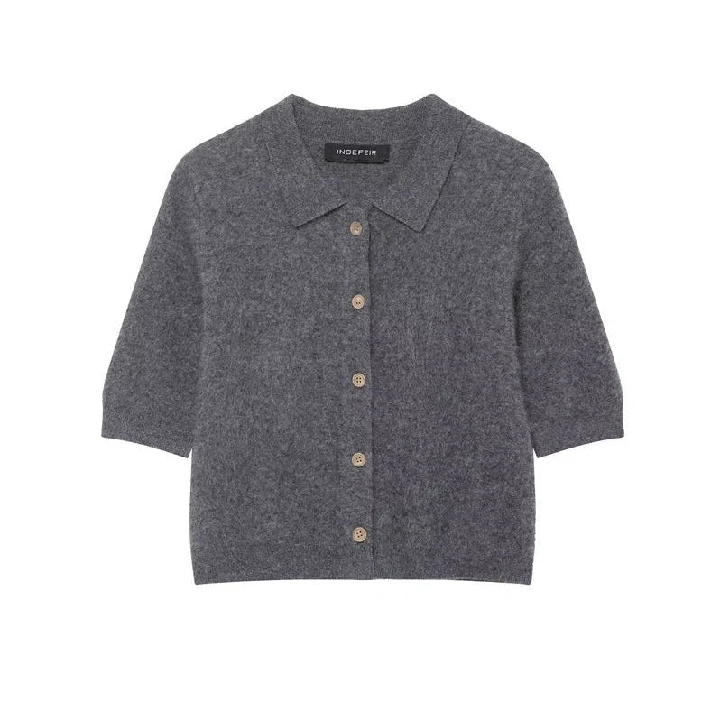 Grey striped women's short-sleeved shirt with regular fit and 50cm length