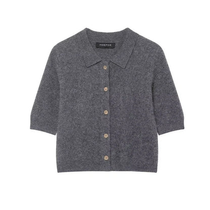 Grey striped women's short-sleeved shirt with regular fit and 50cm length