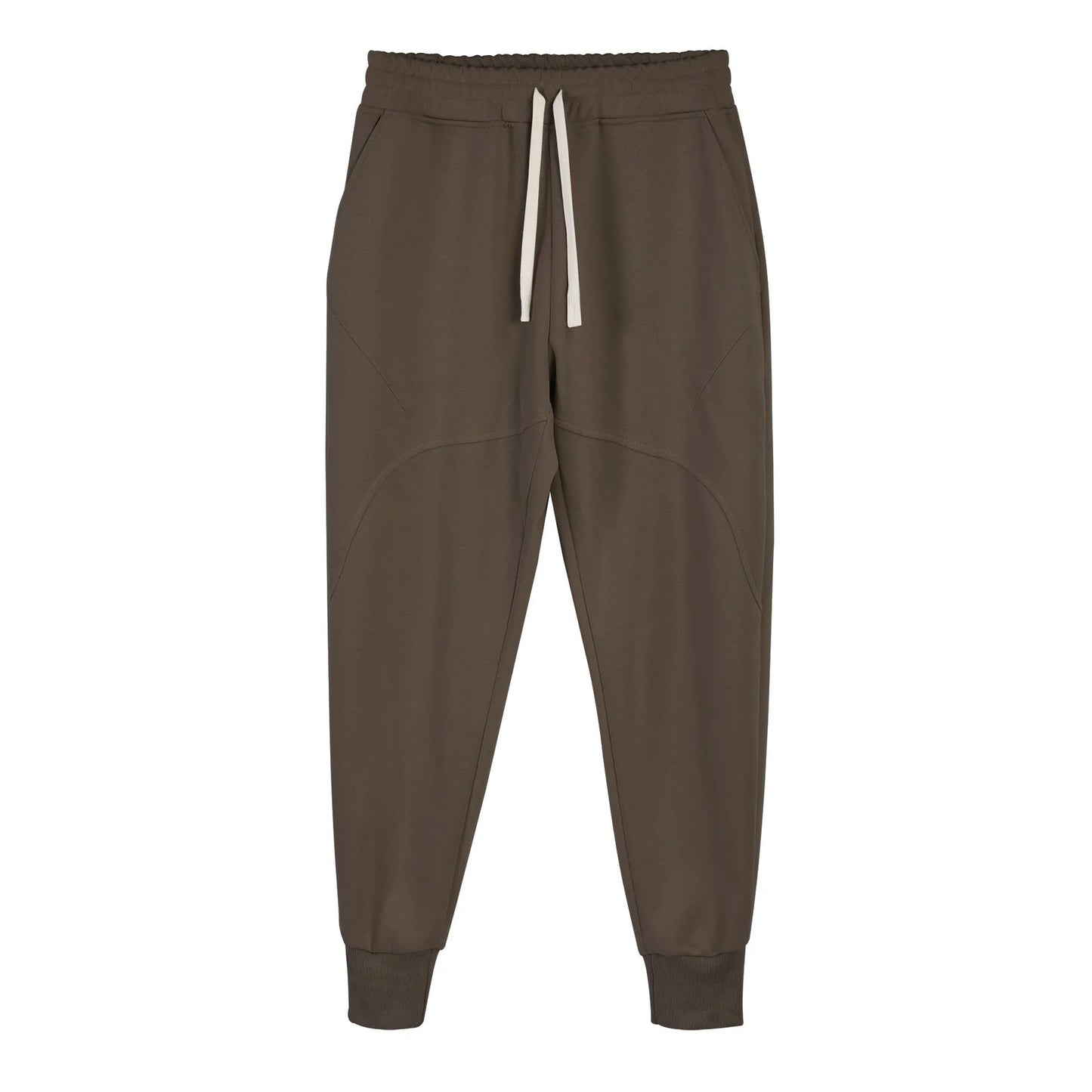 Men's casual trousers with drawstring ankle ties in polyester cotton fabric