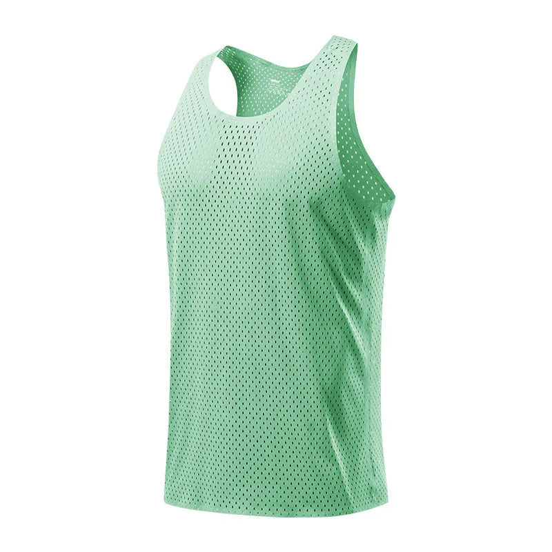 Men's solid colour quick-dry sleeveless sports vest in polyester on a neutral background.