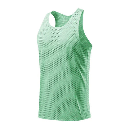 Men's solid colour quick-dry sleeveless sports vest in polyester on a neutral background.