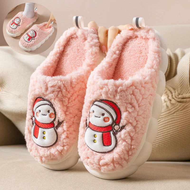 Cozy snowman-shaped slippers with thick, anti-slip soles and plush lining for indoor comfort and warmth