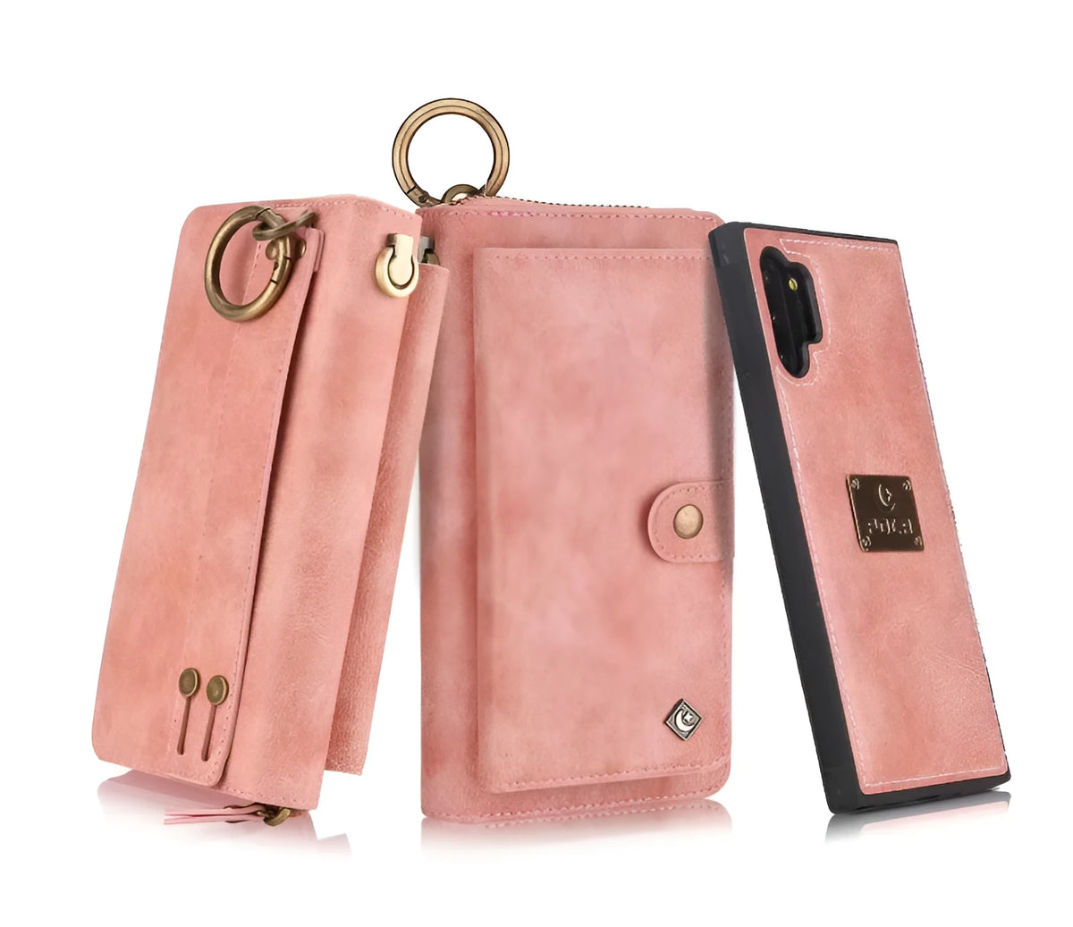 Black PU leather zipper wallet case open next to a Samsung Galaxy phone.