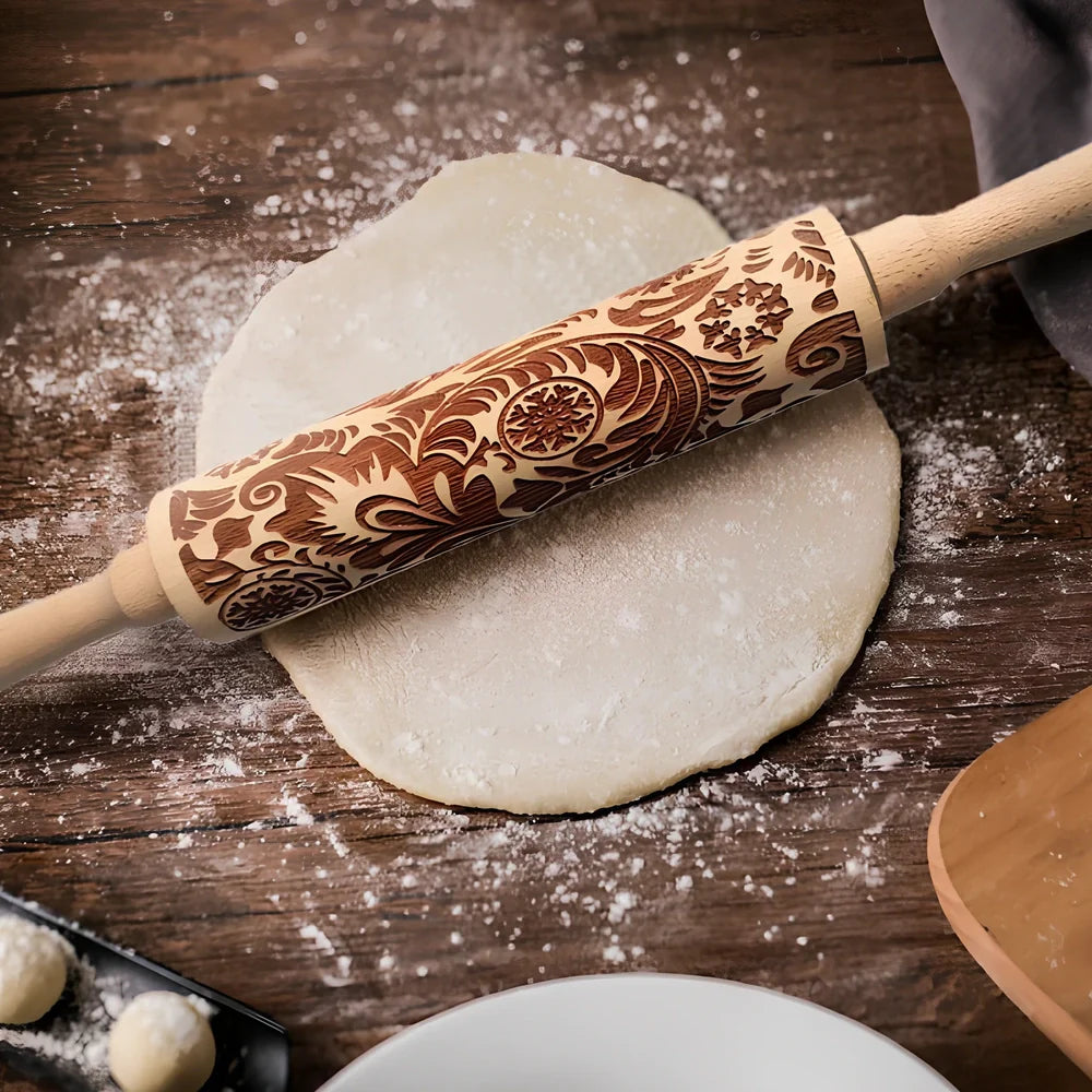 35cm wooden Christmas gift printing rolling pin with engraved festive cookie designs