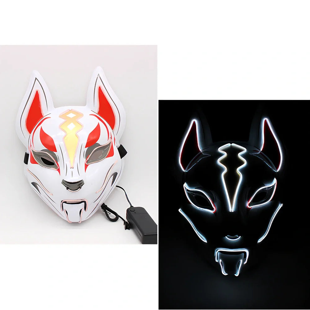 Glowing blue cat face mask with LED illumination measuring 28cm by 18cm for cosplay and Halloween events