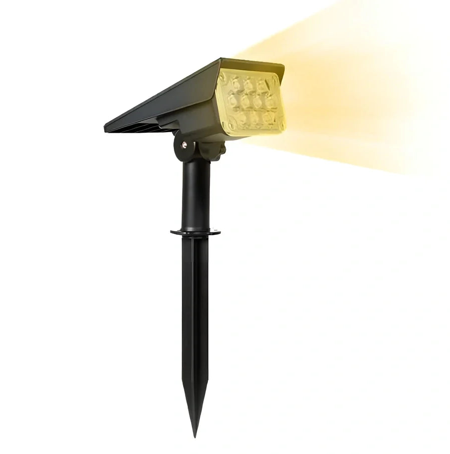 Adjustable solar garden light with black ABS/PC housing and directional spotlight head