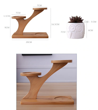 Three white ceramic owl planters on 45cm bamboo tree frame for succulents, corrosion-resistant modular display