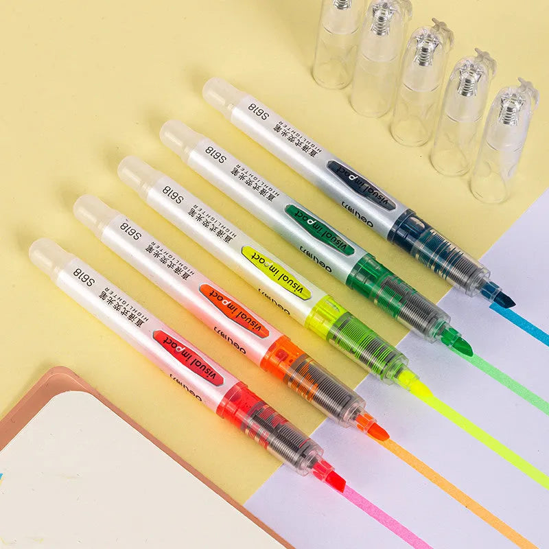 Deli S605 oblique nib highlighter pen set in macaron pastel colours with solid and transparent penholders