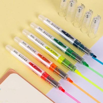 Deli S605 oblique nib highlighter pen set in macaron pastel colours with solid and transparent penholders