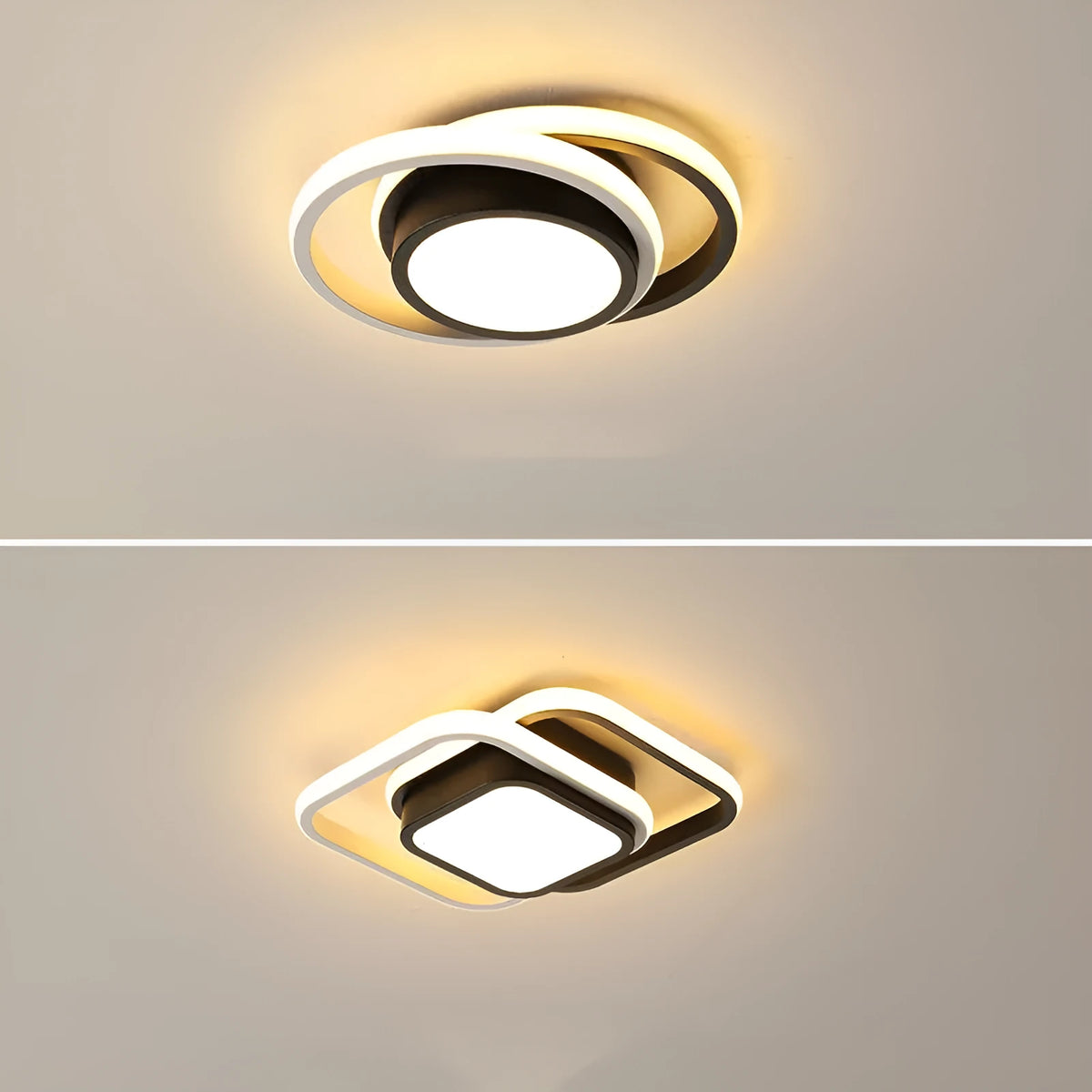 Modern Nordic-style aluminium ceiling light shown in round and square shade options.