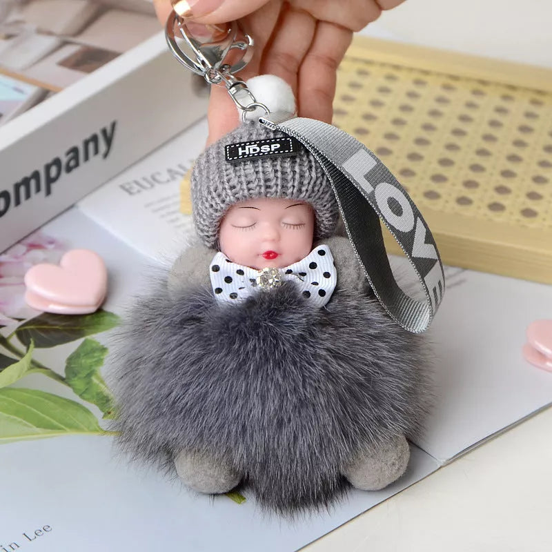 Hand-woven fox fur sleeping doll keychain pendant with optional bow