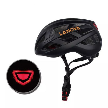 Unisex bicycle helmet with integrated safety light in matte black, fluorescent green, purple, and white