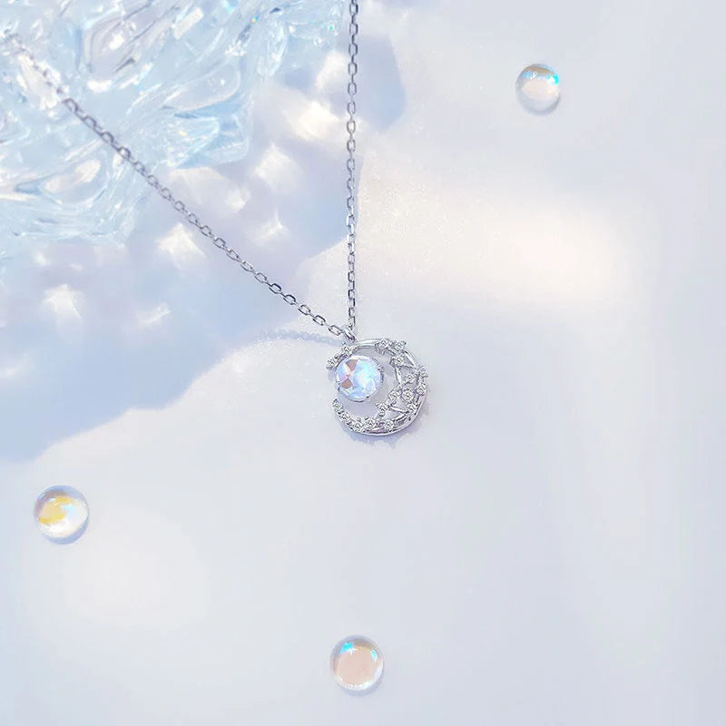 Ladies Moon Necklace with diamond-processed alloy pendant and adjustable chain