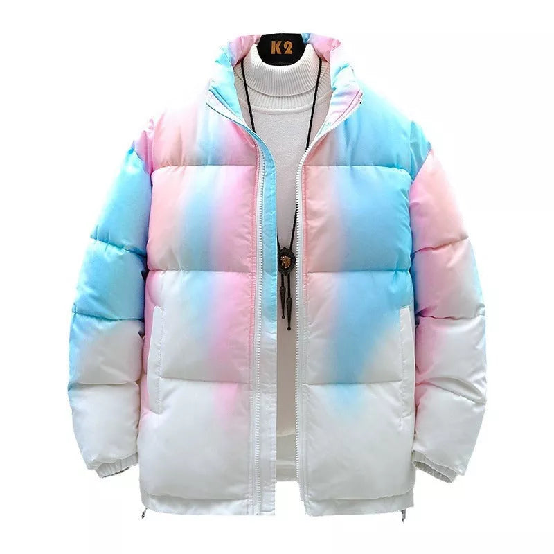 Gradient stand-up collar winter jacket for couples in pink, grey, and green with pockets