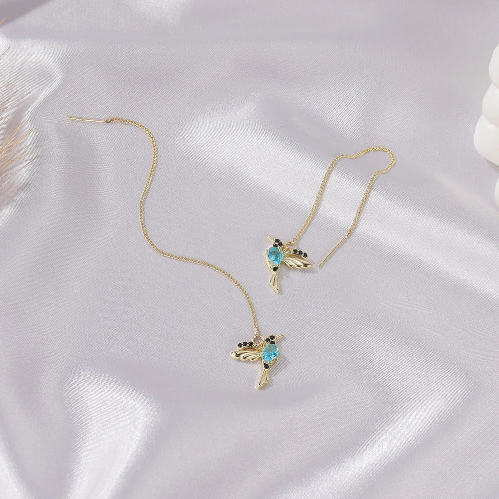 Hummingbird drop earrings with crystal pendant in rose gold, imitation gold, and anti-gold colors