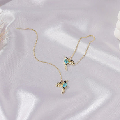Hummingbird drop earrings with crystal pendant in rose gold, imitation gold, and anti-gold colors