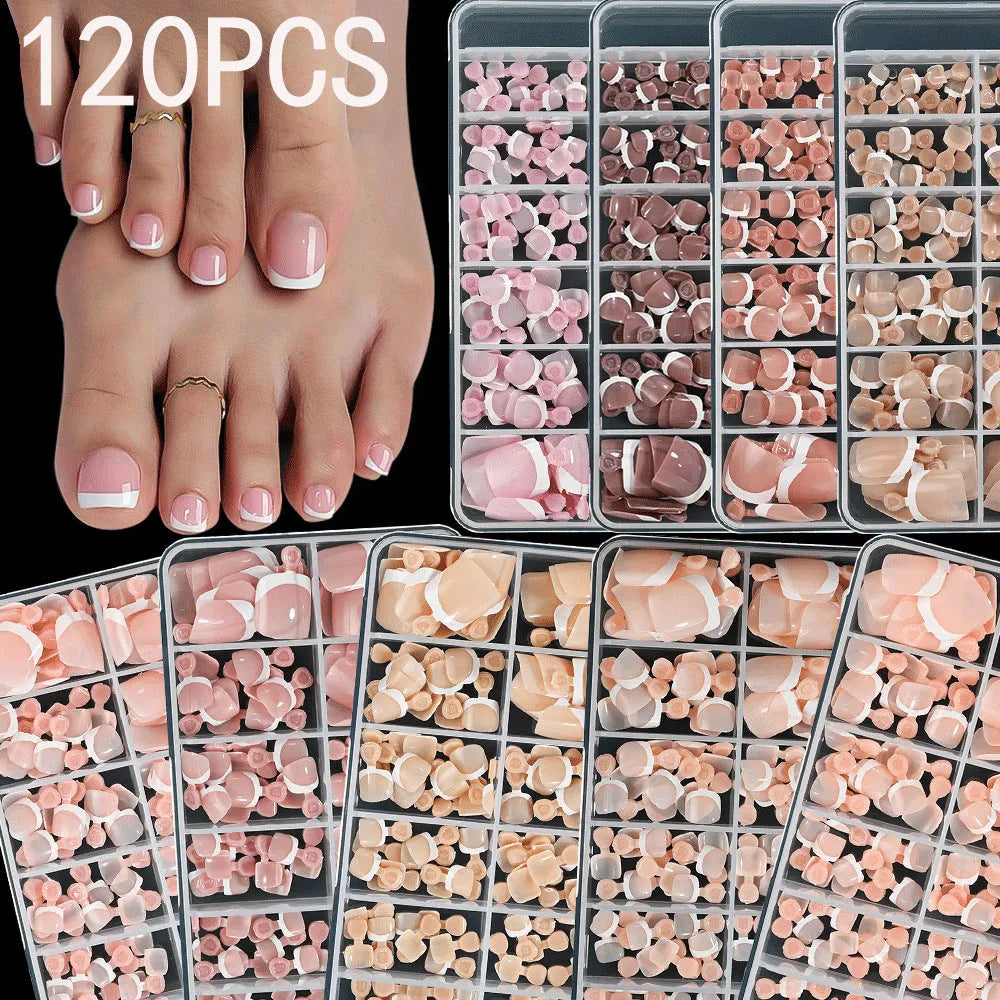 Box of 120 full square short artificial nail tips with French white edges in multiple nude shades.