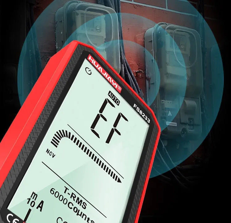 Handheld large screen digital multimeter in black or red, showing dimensions.