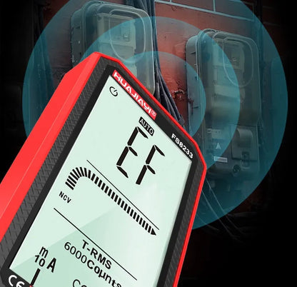 Handheld large screen digital multimeter in black or red, showing dimensions.