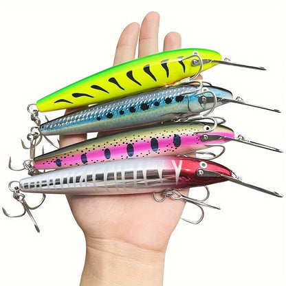 Luminous ABS fishing lure with iron tongue, 17.5cm x 2.2cm x 1cm, shown in one of six colours TZMN01 to TZMN06