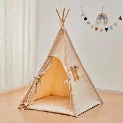 Beige indoor children's tent with cloth and wood construction, side door and hat style options for home play