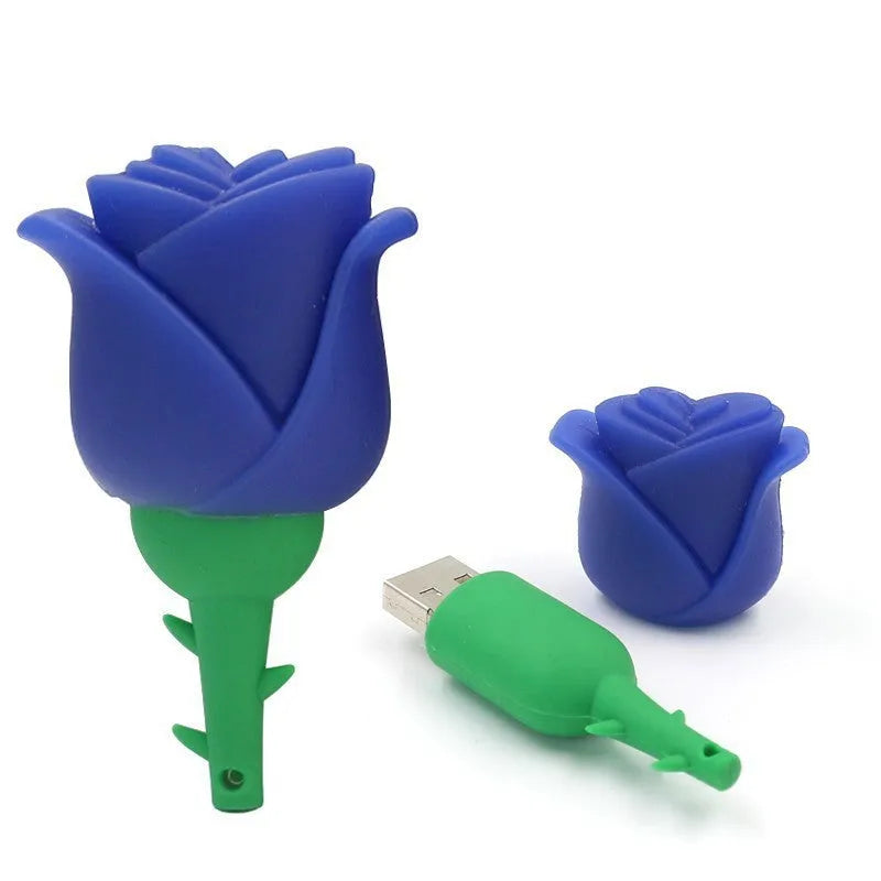 Cartoon Rose Shape USB Flash Drive in PVC with 2GB to 128GB Capacity Options, USB 2.0 Interface, Write Protection Switch, 20g Lightweight Design, Creative Novelty Pen Drive for Data Storage and Gifting in Blue Pink Purple Red Yellow