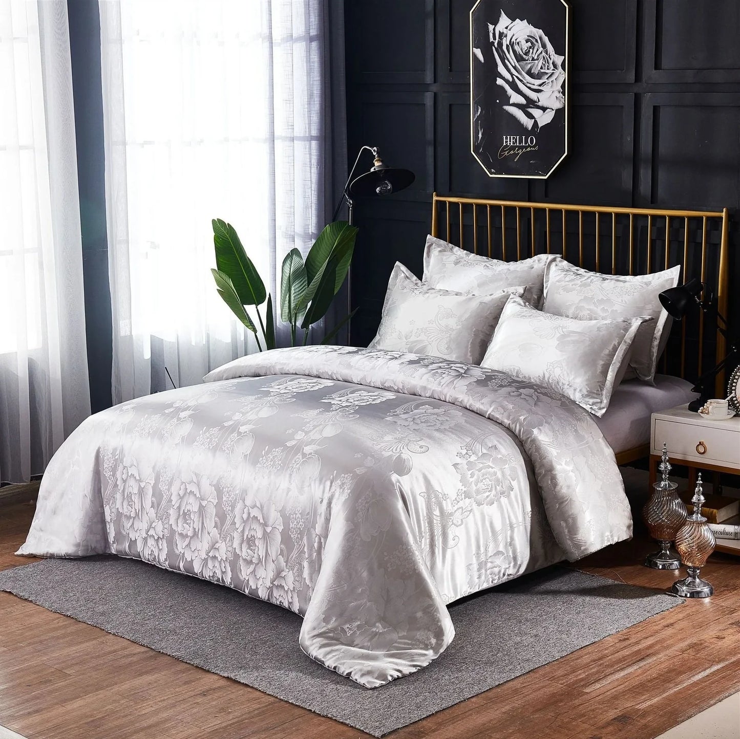 Three-piece bedding set with reactive dyed polyester in blue, gold, grey, pink, purple, or white for UK bed sizes