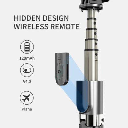 Black aluminium tripod selfie stick extended with iPhone attached showing length adjustment from 186mm to 700mm