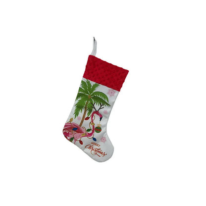 Flamingo Christmas stockings measuring 46cm by 28cm in cloth material with hanging loop