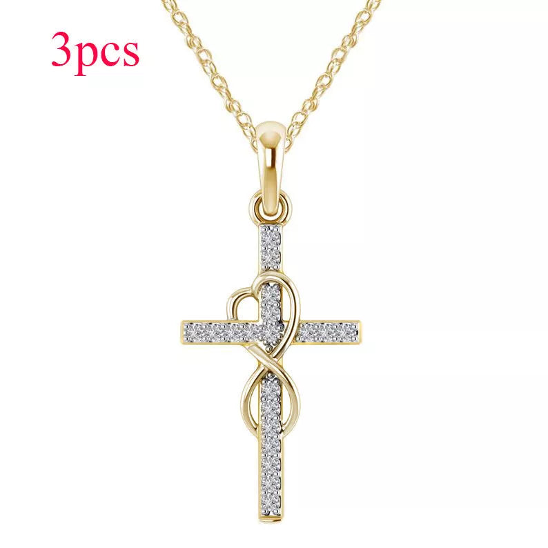 Alloy pendant necklace with diamond and eight-character cross design in gold, silver, and rose gold