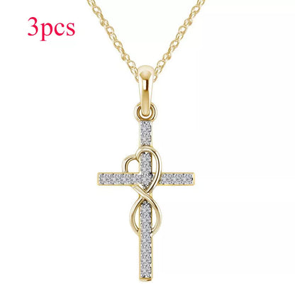 Alloy pendant necklace with diamond and eight-character cross design in gold, silver, and rose gold