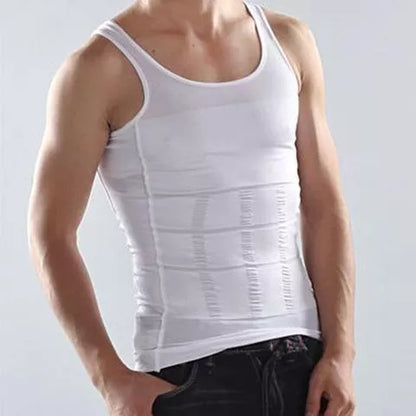 Men's body shaping vest in black or white, U-neck design, sizes M to XXL