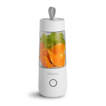 White portable USB rechargeable blender bottle with silicone carrying ring, 350ml capacity.