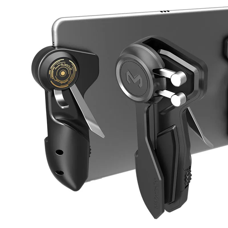 Black six-finger adjustable PUBG game controller for tablets and smartphones shown from the front.