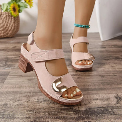 European and American style Velcro sandals in light brown with round toe and rubber sole.