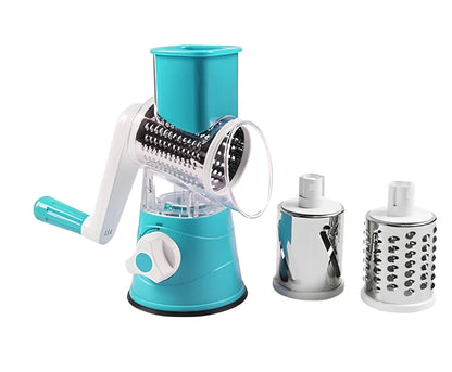 Blue hand drum rotary grater with stainless steel blades for cutting vegetables