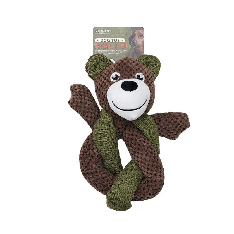 No stuffing crinkle dog toys showing rabbit and sloth plush designs for interactive canine play
