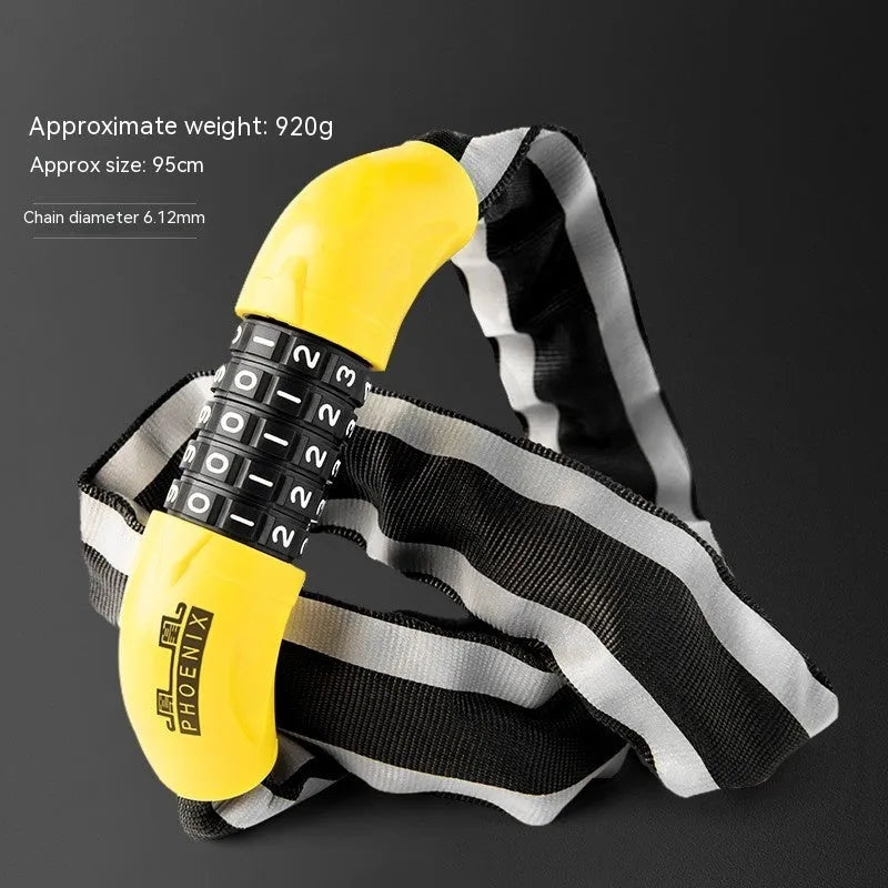 95cm black zinc alloy bicycle chain lock with anti-hydraulic shear protection shown securing a mountain bike