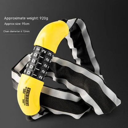 95cm black zinc alloy bicycle chain lock with anti-hydraulic shear protection shown securing a mountain bike