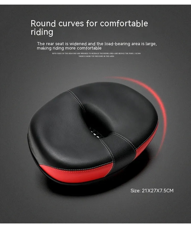 Large red plus-size thickened bicycle saddle with PU pattern and reflective sticker.