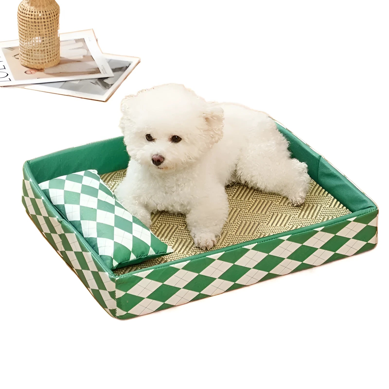 Blue rattan cat bed and litter mat in a large size, showing woven texture and rectangular shape.