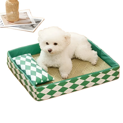 Blue rattan cat bed and litter mat in a large size, showing woven texture and rectangular shape.