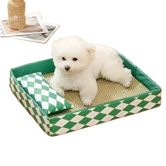Blue rattan cat bed and litter mat in a large size, showing woven texture and rectangular shape.