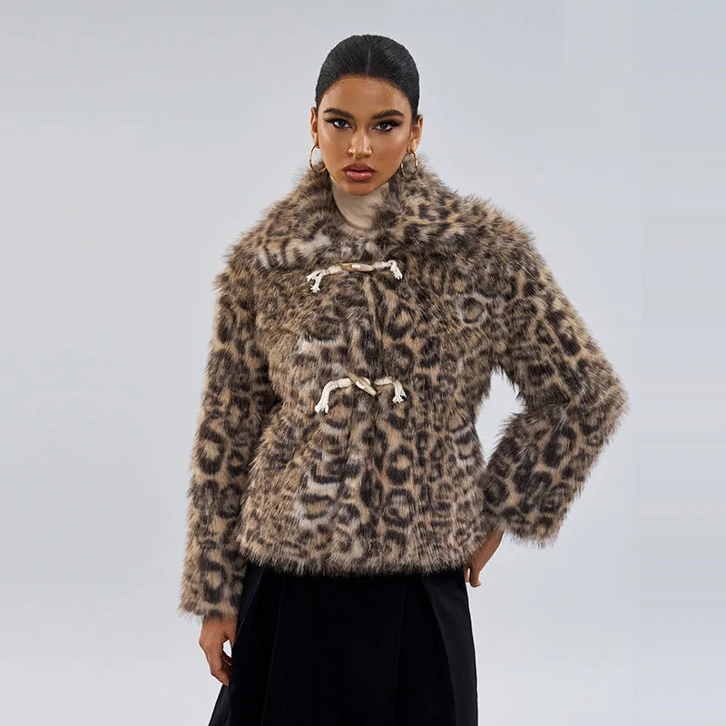 Leopard print women's coat with buckle lapel detail, regular sleeves, and street fashion style